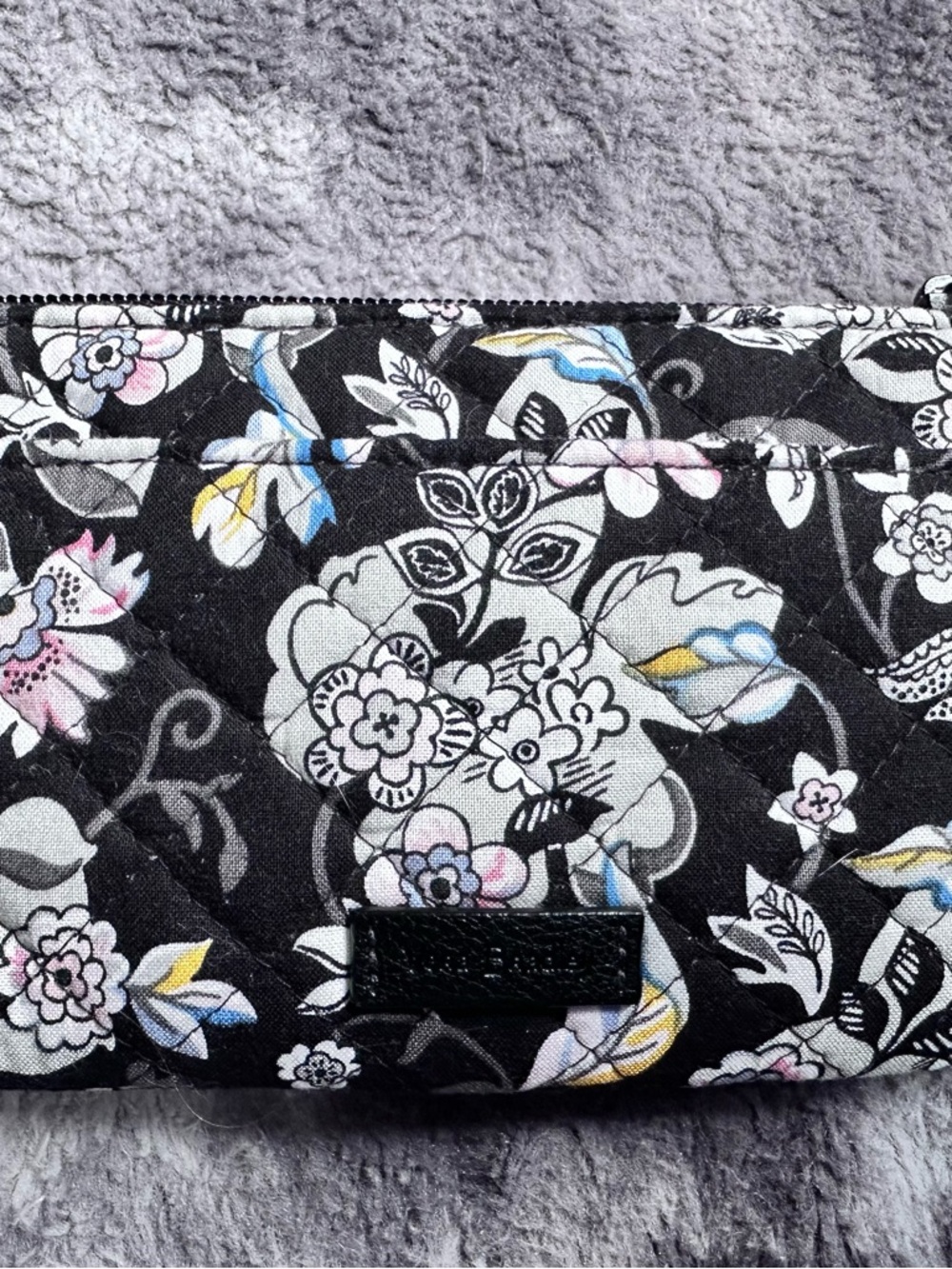Vera Bradley Black Quilted Floral Wristlet with Pastel Accents